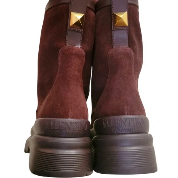 Valentino Garavani Rockstud Burgundy Suede Platform Combat Boots IT 39 / US 9 - Picture 9 of 14
